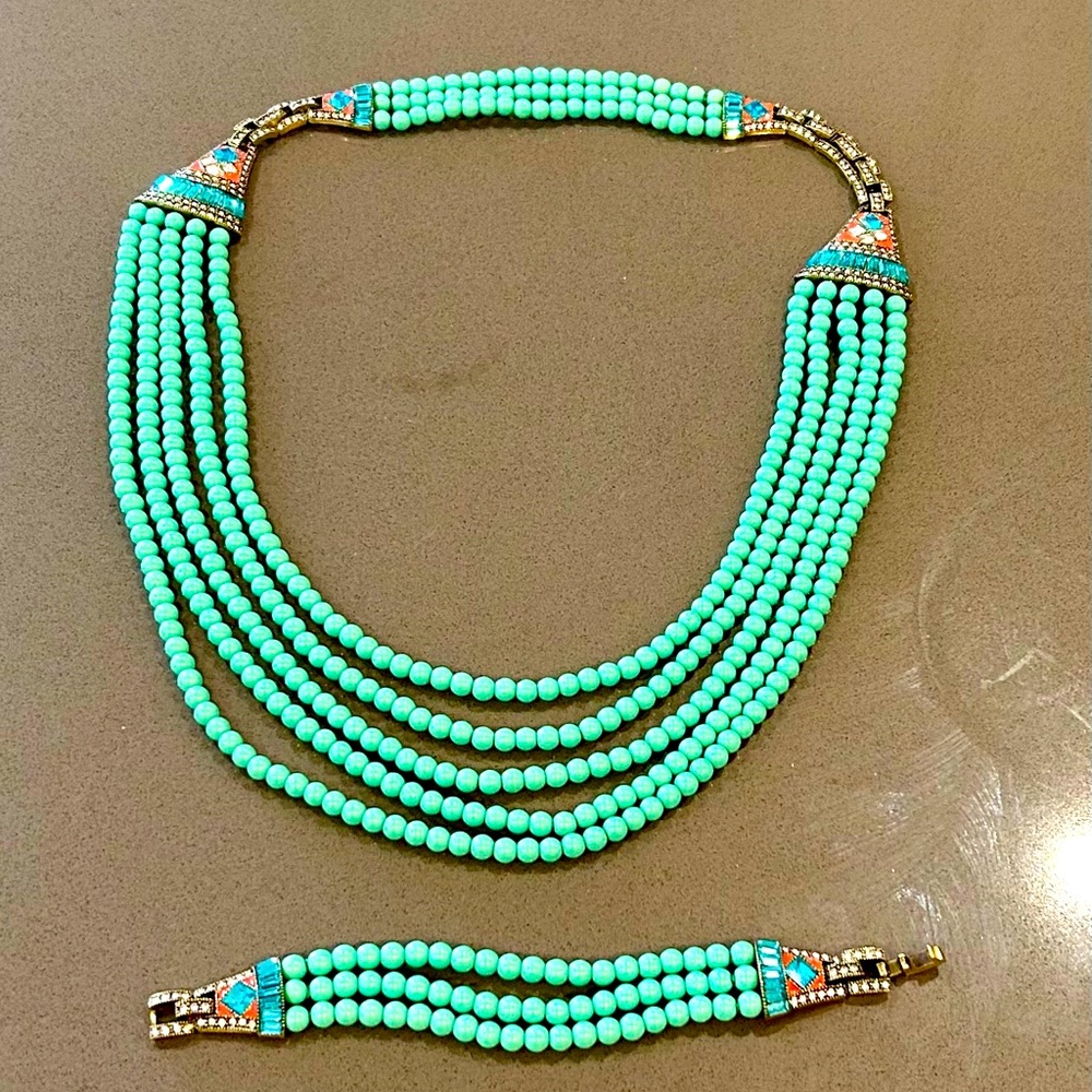Unique Turquoise Multi-Strand Beaded Necklace and Bracelet Set